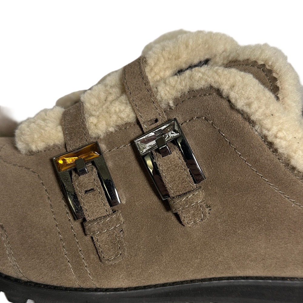 Stuart Weitzman Shearling Buckle Suede Sneakers – Taupe – Size 9 - Picture 4 of 13